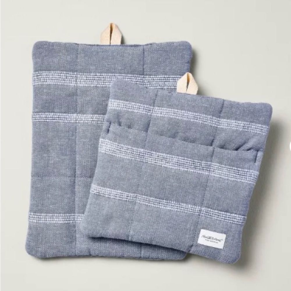 2pc Textured Stripe Potholder Set Blue - Hearth & Hand™ with Magnolia